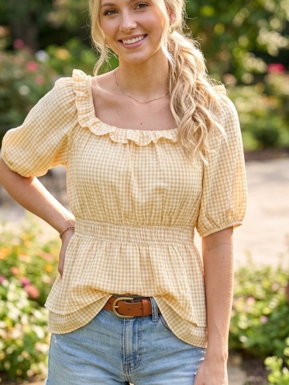 NEW Smocked Waist Yellow Gingham Blouse with Ruffle Neckline sz MED